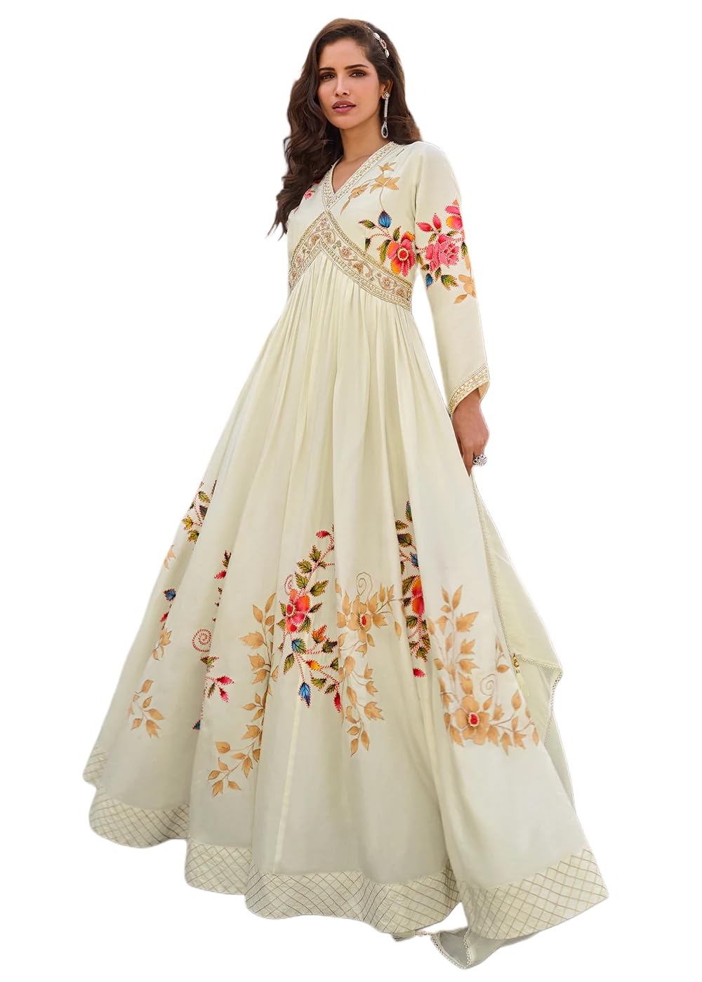 miss ethnik Women's Off White Vichitra Silk Stitched Gown with Dupatta Full Sleeve Embroidered A-Line Gown (ME-1327)-picture-26