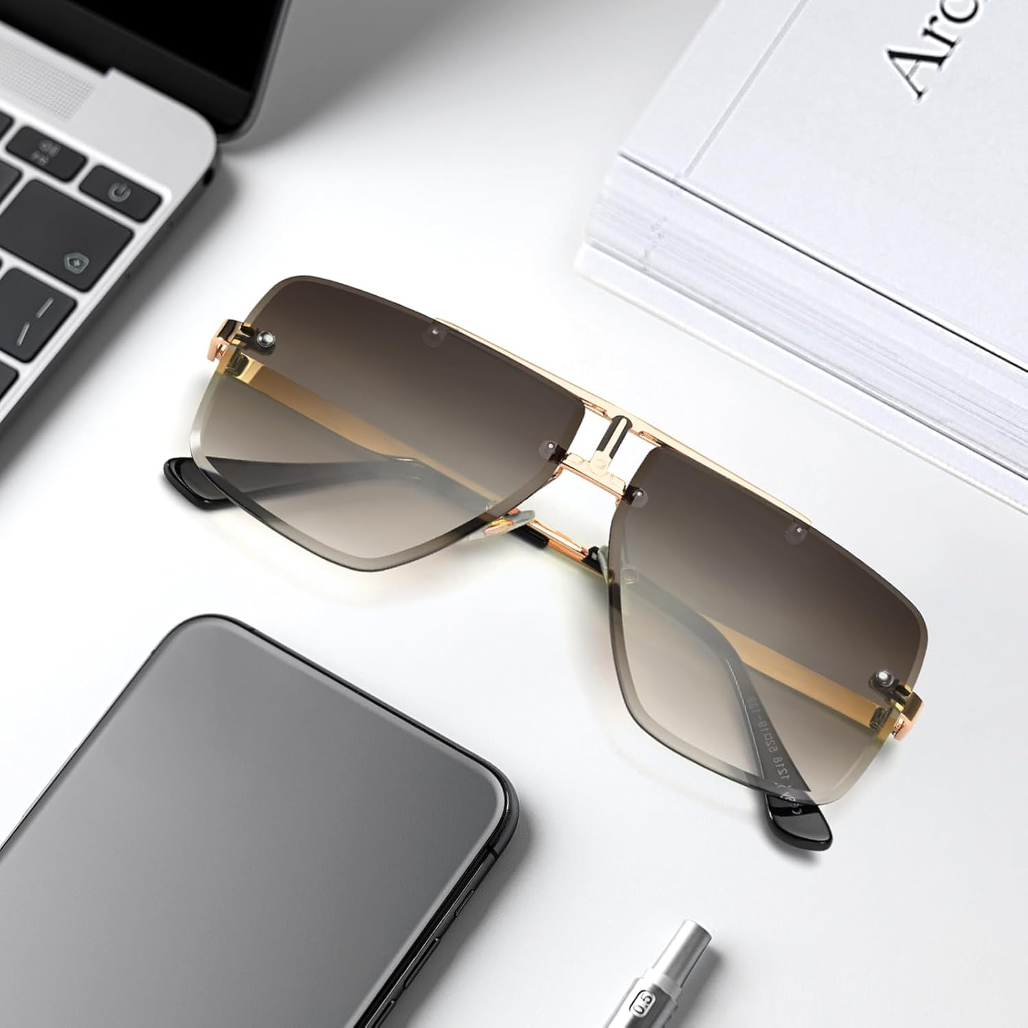 Rimless Oversized Square Sunglasses for Men Trendy Fashion Big Shades Tinted Lens Gold Metal Frameless Glasses UV400 - Image 6