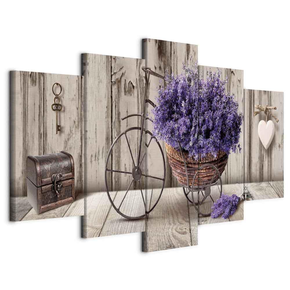 murando Cuadro en Lienzo Flores 150x75 cm 5 partes Impresión en Material no Tejido Cuadros salon modernos Grande Impresión Artística Decoracion de Pared Lavender Madera Corazon Bicicleta b-C-0644-b-m