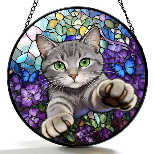Stained Glass Window Hanging Cat Suncatcher with Butterfly Design, Round Window Hanging Decor, Colorful Sun Catcher for Home, Garden & Gifts for Cat Lovers