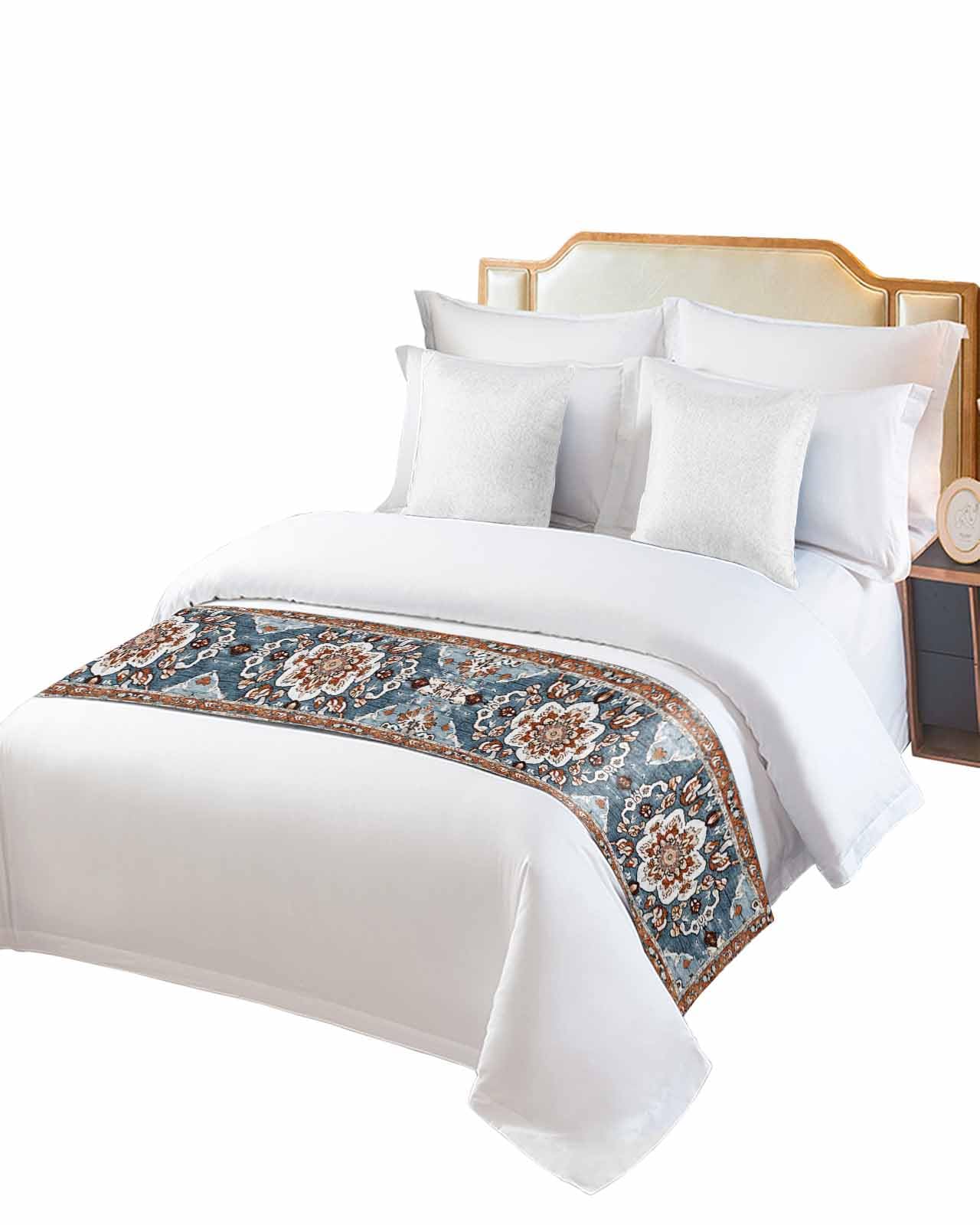DecorLovee Blue Bohemian Bed Runners for Queen Size Bed, Decorative Bed Throws for Foot of Bed, Retro Pattern Oriental Farmhouse Ethnic Bed Runner Sofa Throw Bedding Scarf Protector for Bedroom