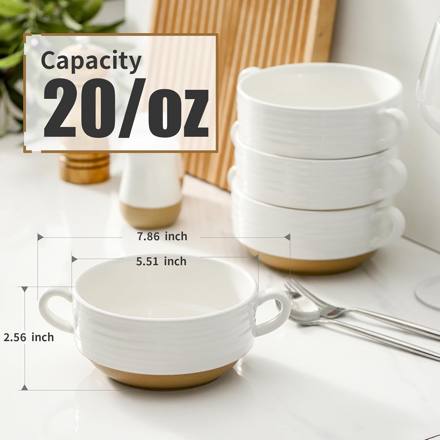 HASENSE Ceramic Soup Bowls with Handles, 20 oz Oven Safe French Onion Soup Bowls Set of 6, White Serving Dishes for Entertaning, Ideal for Soup, Salad, Stew, Microwave & Dishwasher Safe