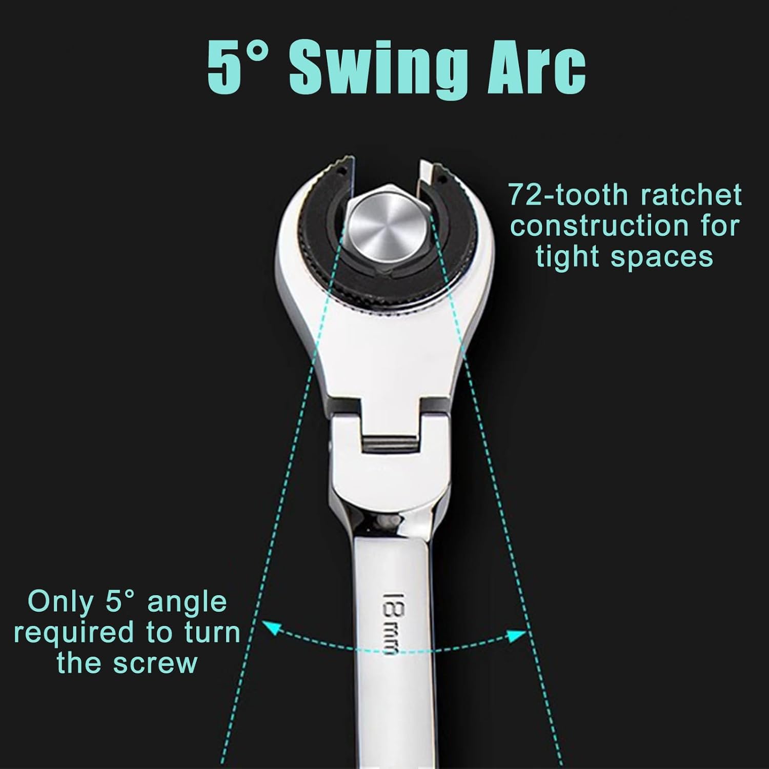 JUNENTER オープンエンドラチェットレンチ、スイベルヘッドラチェットレンチ - メトリック CR-V スチール、72歯、5&deg;ス