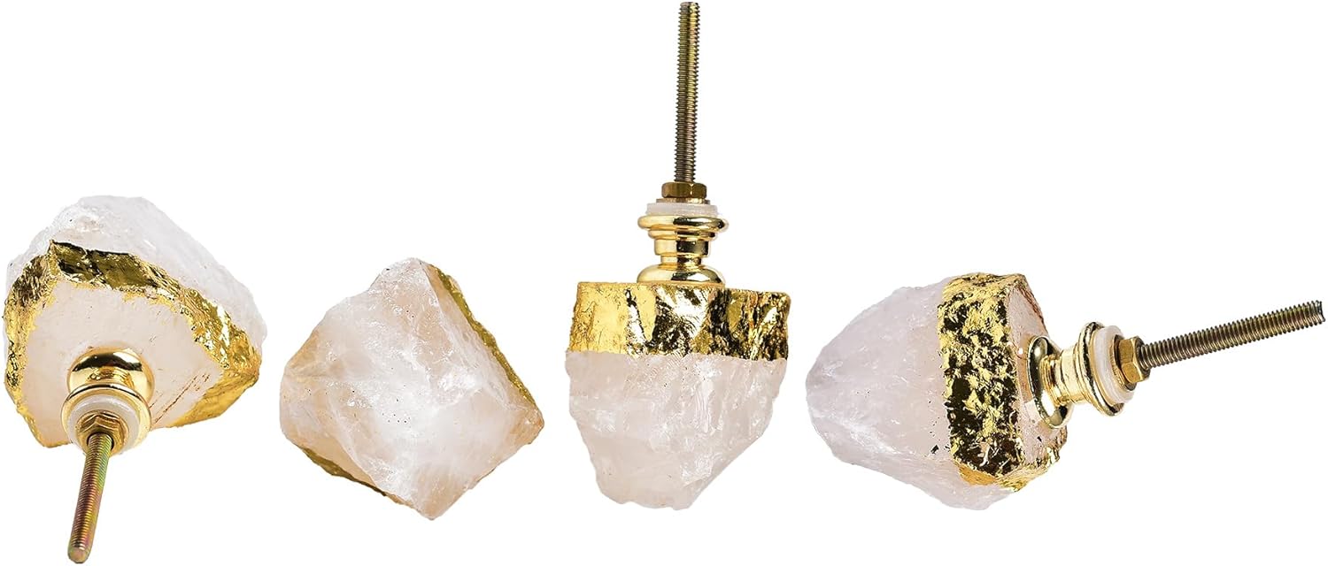 AMOYSTONE Natural Stone Drawer Knobs 4 Pack Kitchen Cabinet Knobs White Crystal with Gold Foil, Drawer Pulls Door Handles Knobs Irregular 1~1.5" (30-40mm) DIY Cabinet Decoration