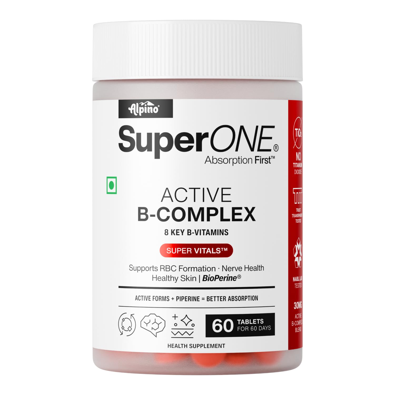 Alpino SuperONE Active B-Complex Tablets | Vitamin B Complex Supplement with B12, B6, Biotin & BioPerine® | Energy, Nerve & Skin Support | 60 Tablets-image-13