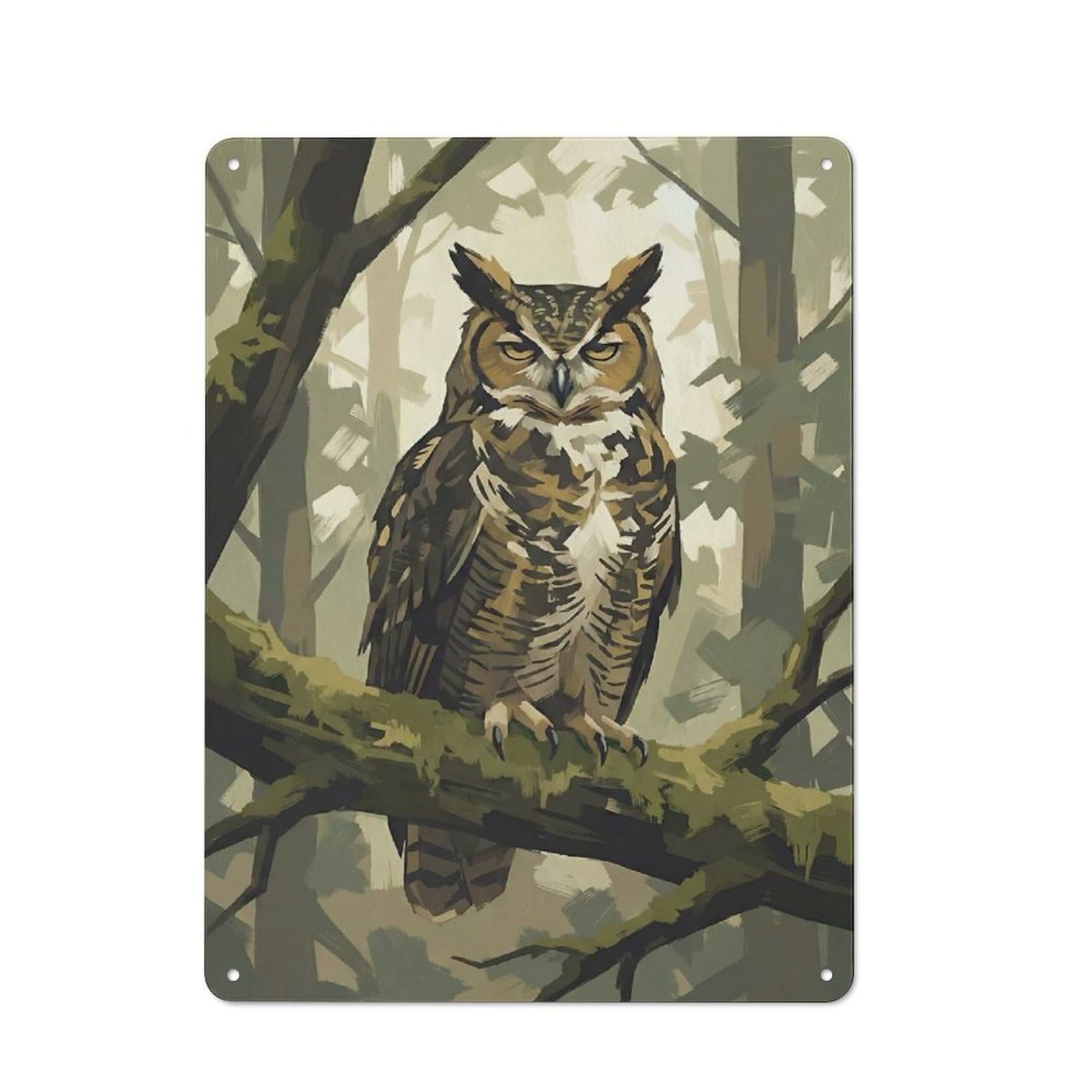 Junmoney Style-23 Retro Retro Metal Sign 40X30cm Featuring Great Horned Owl In Forest, Garage Wall Decor For Garage, Hobby Room, Office Or Man Cave