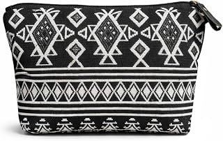 Makeup Pouch with Geometric Tribal Pattern, Black and White Cosmetic Bag with Zipper, 24x13x4 cm Travel Organizer Price In India