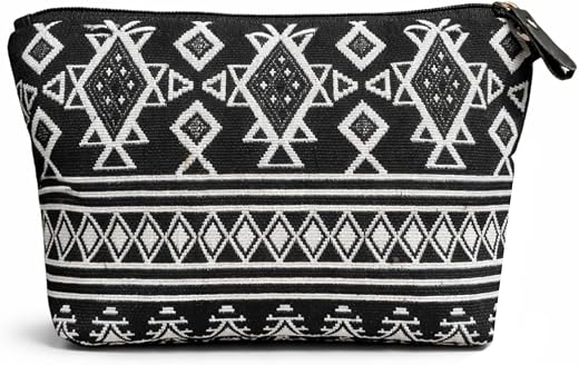 Makeup Pouch with Geometric Tribal Pattern, Black and White Cosmetic Bag with Zipper, 24x13x4 cm Travel Organizer