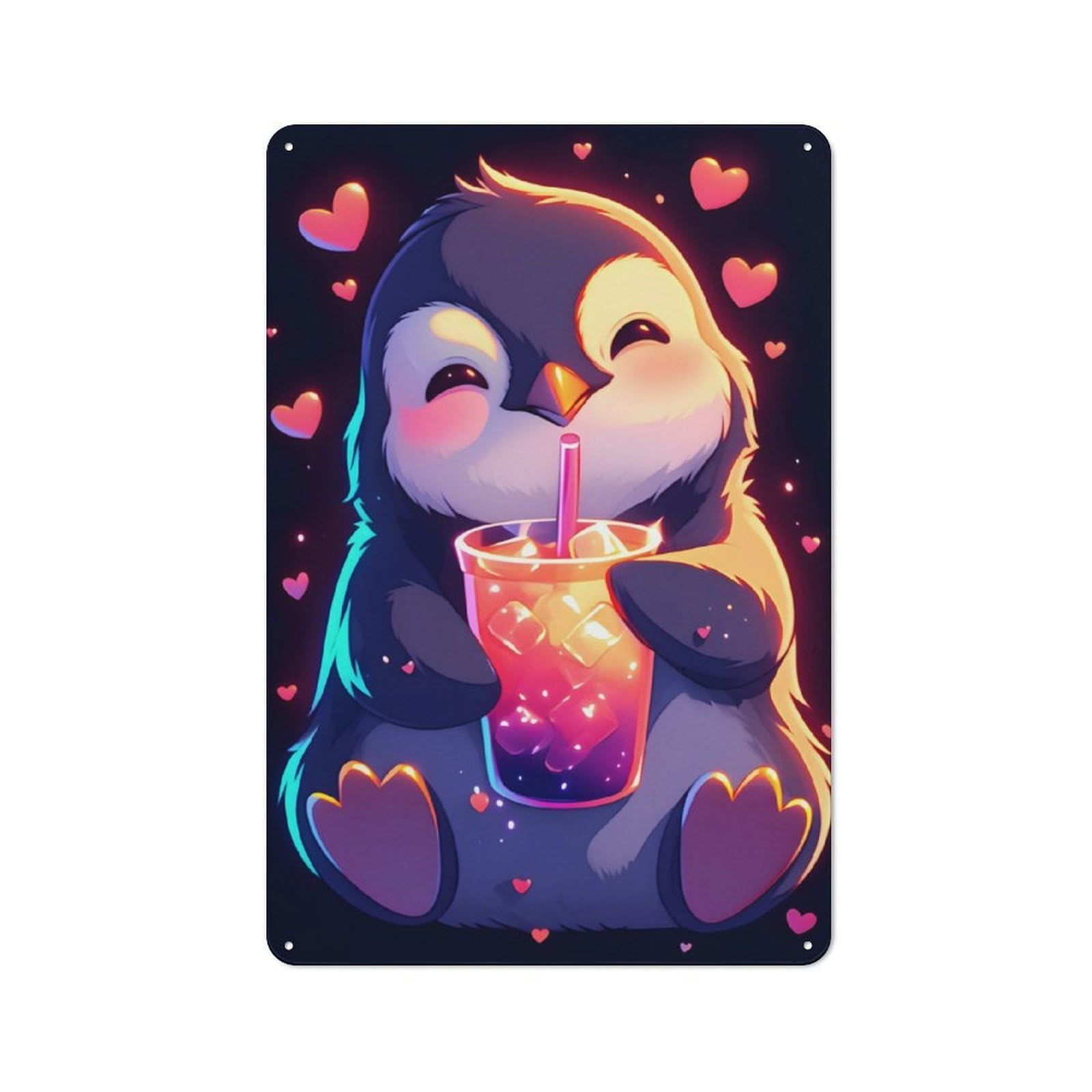 Tin Wall Plaque 30x20cm with Cute Penguin with Drink for Café Or Home Bar, for Kitchen, Dining Room And Home Bar Wall Decor
