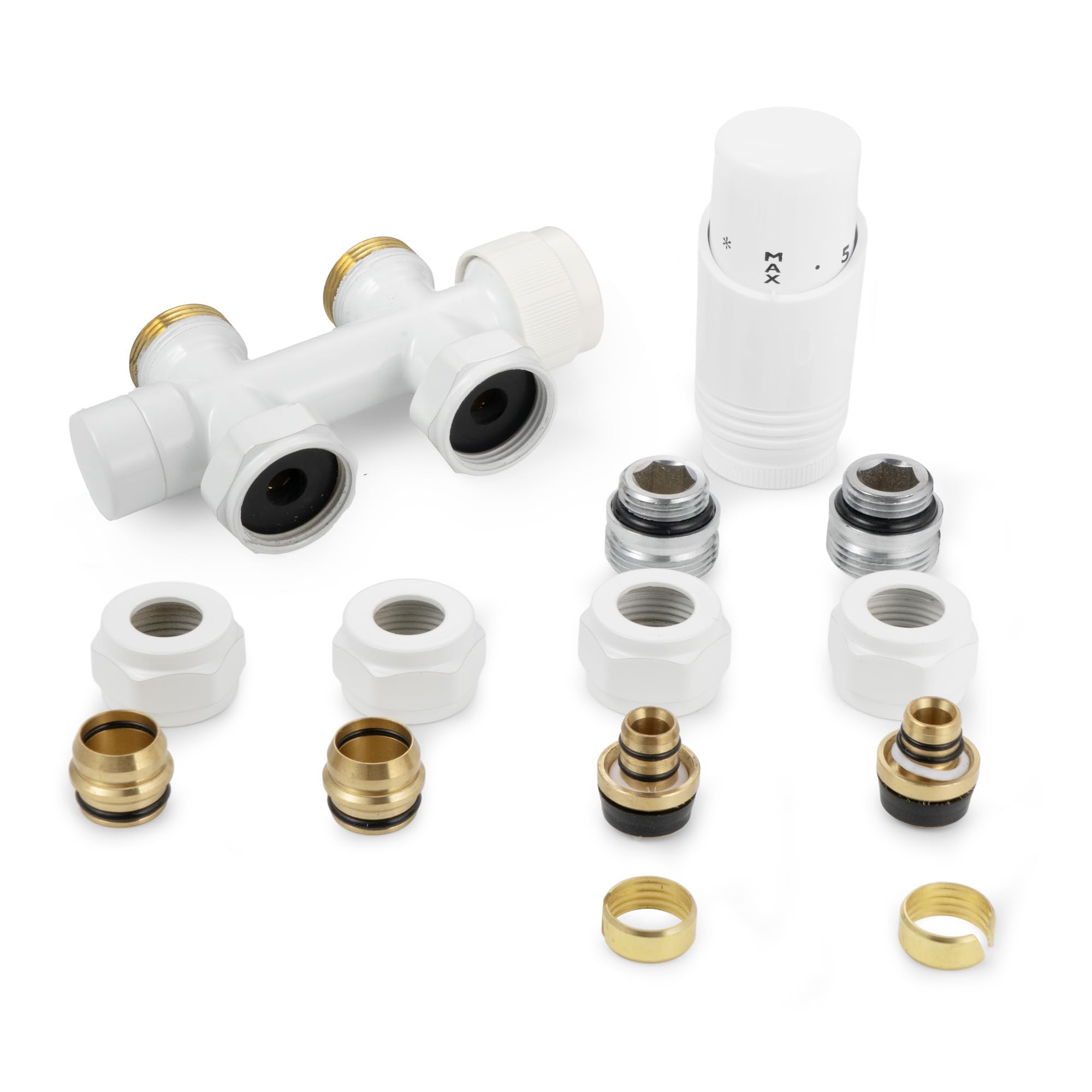 VANCOCO 2 bloques multibloque con termostato para radiadores de 50 mm, distancia entre bujes, bloque de grifo, grifos de válvula, juego de grifos en forma de paso con eurocono para tubos de plástico