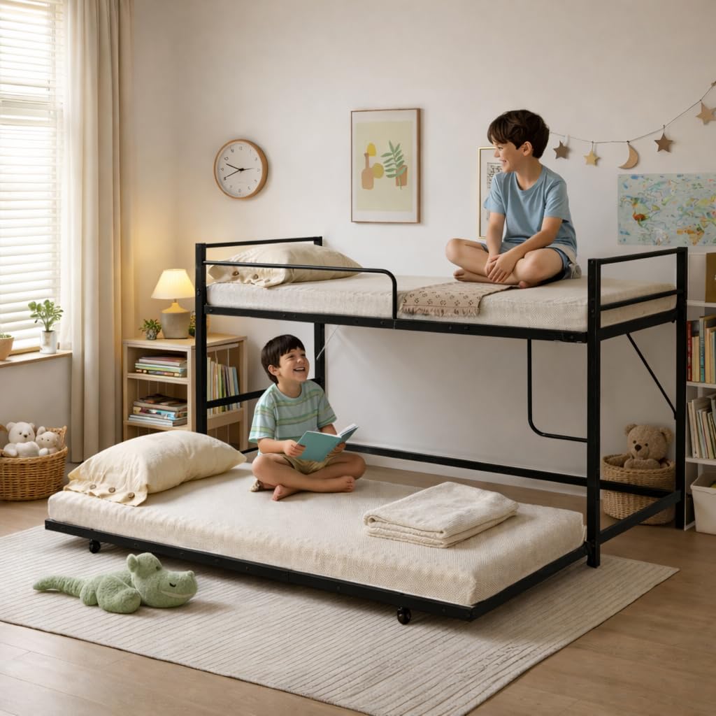 Bunk Bed, Loft Bed, Low Type, Pipe, Single for Adults, Kids, Shock-Resistant, With Casters, Storage, White (Black)
