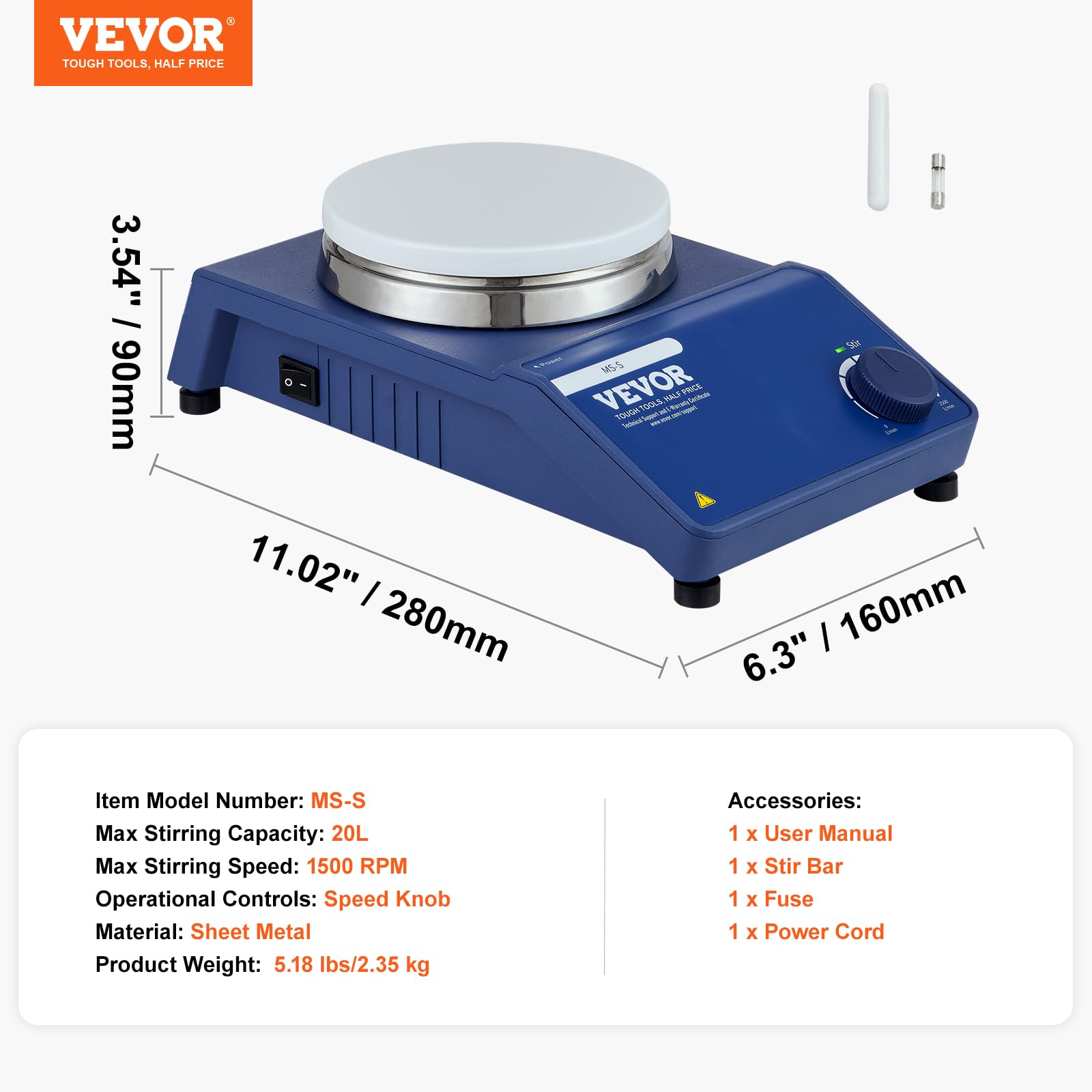 VEVOR Agitatore Magnetico, Piastra di Agitazione 0-1500 RPM con Manopola di Velocità Regolabile, Kit Agitatore a Piastra da 21 Litri, Barra di Agitatore Inclusa