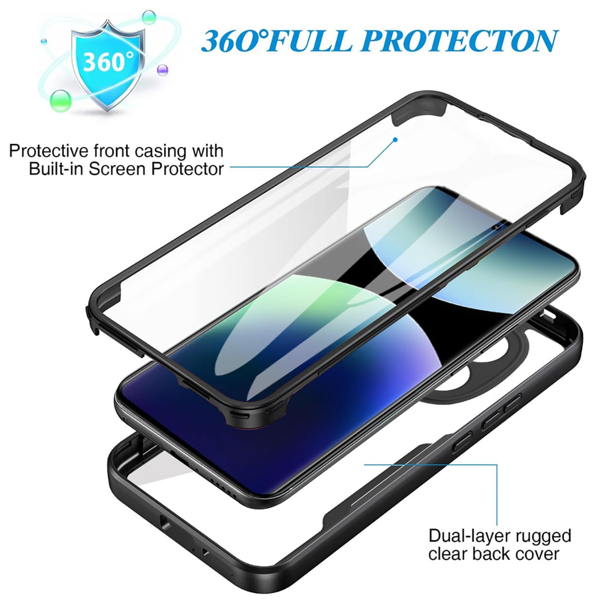 UPLAI Przezroczyste etui do Xiaomi Redmi Note 15 4G, 360° wojskowe, odporne na wstrząsy etui z wbudowanym ochraniaczem ekranu, ultra cienki PC + TPU Stylish Case. Czarny