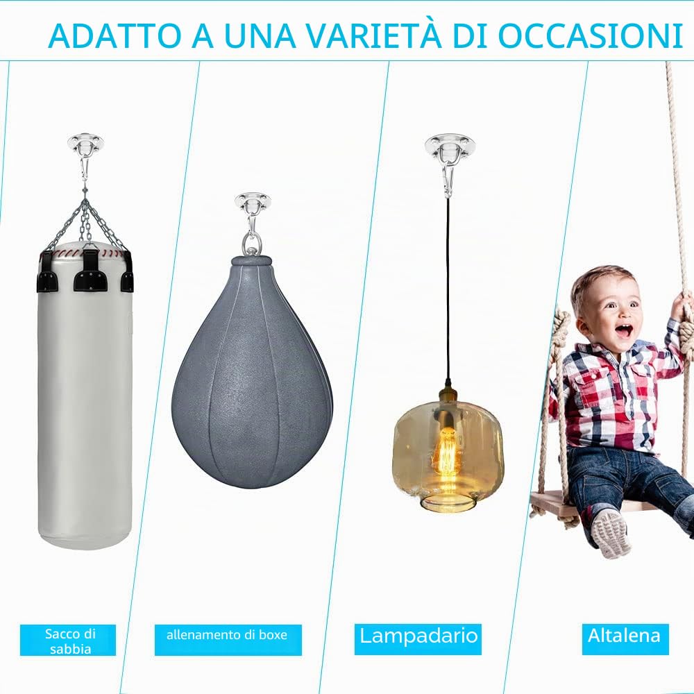 Set di 2 Ganci per Altalena Pesanti, Ganci per sedie da Appendere a soffitto per Amaca in Acciaio Inox, Ganci per Montaggio a soffitto per Portico, Sedia Yoga, Amaca da Palestra, Fino a 500 kg