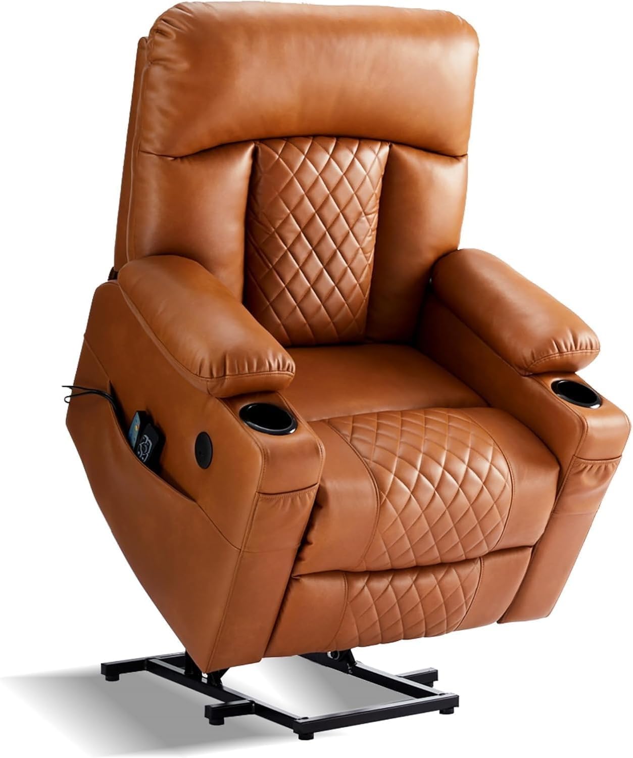 Recliner Sofa with Power Lift for Elderly, Oversized Seat, Genuine Leather Upholstery, Heat and Massage, USB Charge Port, Cup Holders, and Remote Control Included