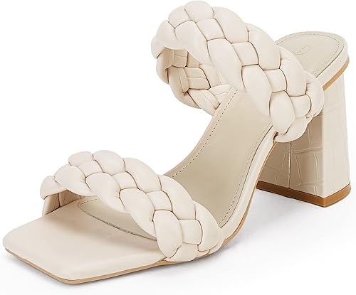 Syktkmx Sandalias de tacón grueso con trenzado para mujer, tacón cuadrado de doble correa, sandalia elegante de verano