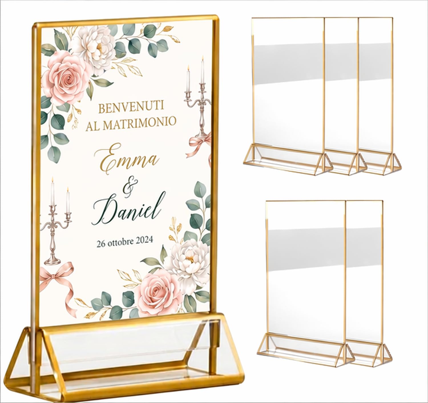 6 pezzi Espositore da tavolo A5 in acrilico con bordi dorati, espositore A5 a T, espositore verticale bifacciale per menu per matrimonio, ristorante e ufficio.