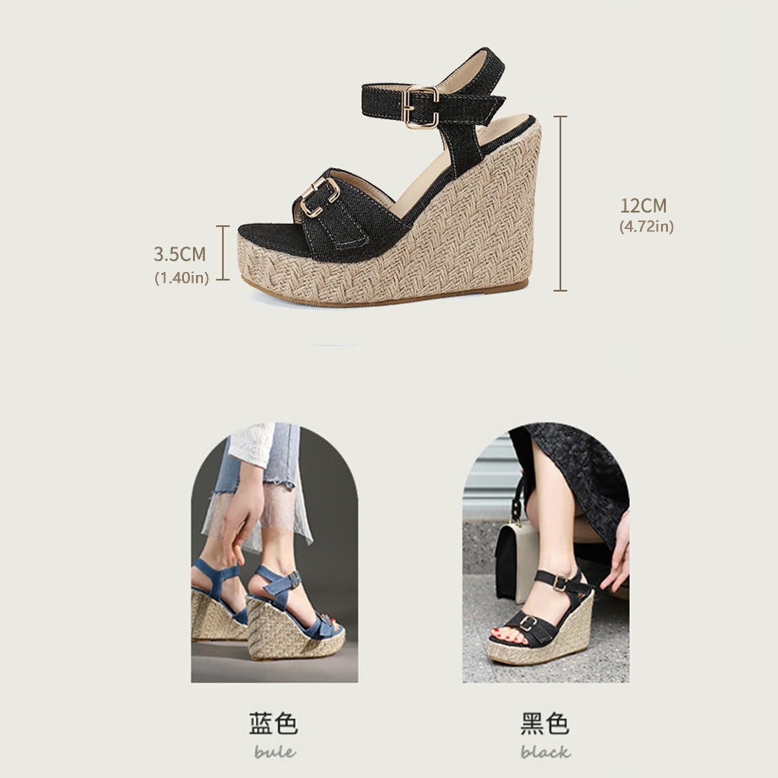 Genérico Sandalias Trekking Mujer Zapatos De Vaqueras Con Cuña Novedad Verano Hebilla Cinturón Pescado Línea Trenzada Tacón Para Sandalia Ancho Especial Cuerdas Boho Negras Tacon Blanca