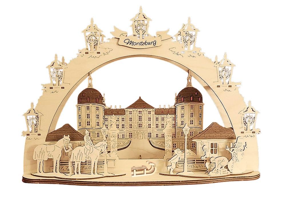 3D LED Schwibbogen Dresden Schloss Moritzburg - Holzkunst aus Sachsen - mit Netzkabel | Lichterbogen Weihnachten