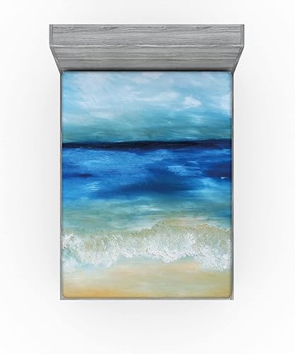 Miniatura 3 de Ambesonne Sábana bajera de arte, playa de arena tropical, olas puras, océano tranquilo bajo nubes, paisaje de verano, ropa de cama de tela