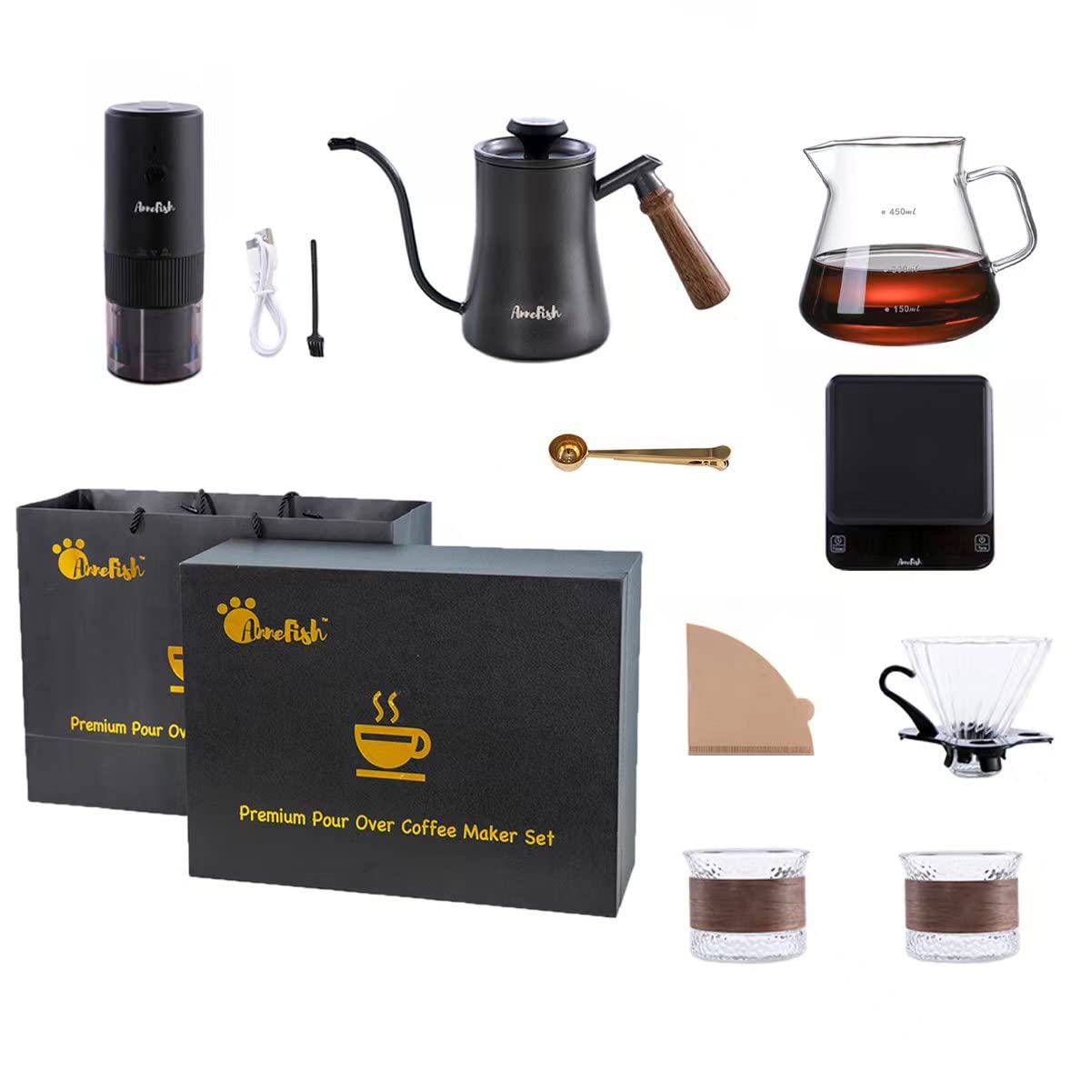 AnneFish 9 Pack V60 Drip Coffee Maker Set with USB Rechargeable Coffee Grinder&Auto Timing Coffee Scale& Coffee Pot with thermometer Travel Portable Coffee Set Pour Over Coffee Maker Set