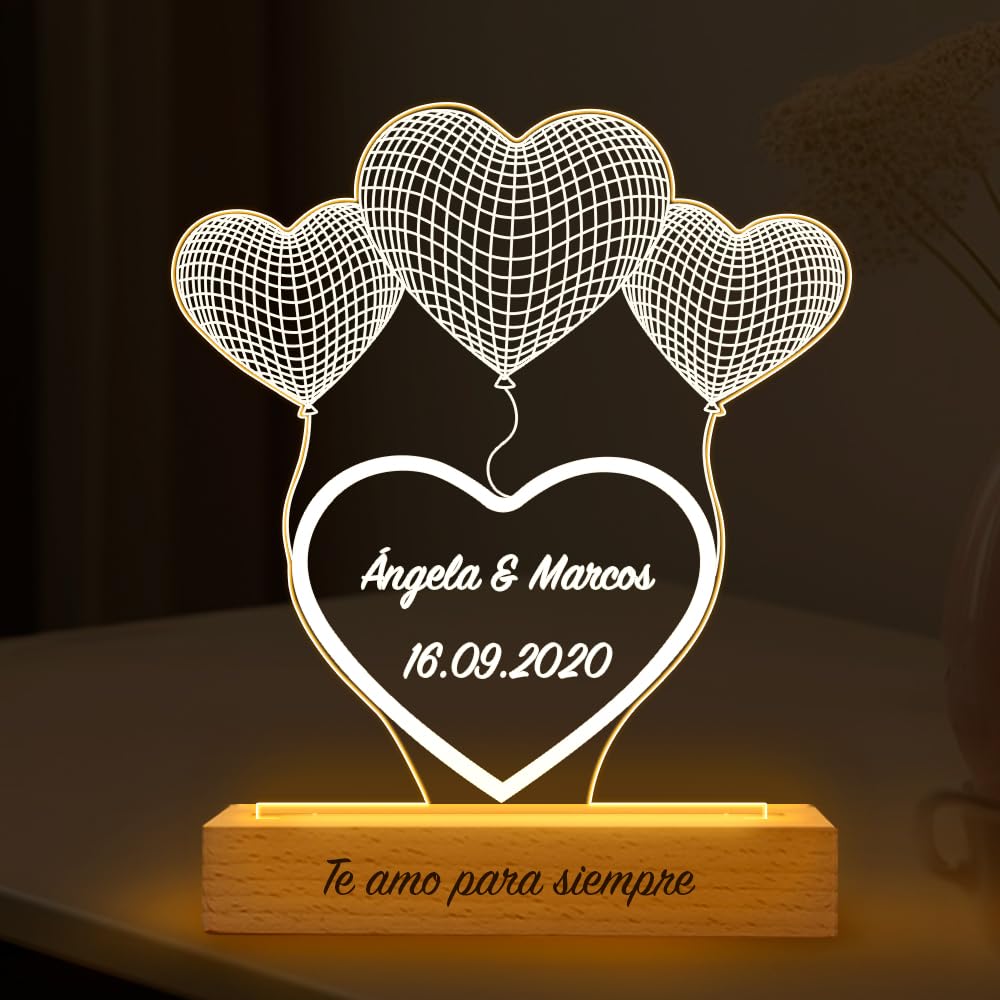 Transparent Gift Lámpara Personalizada con Nombres y Fecha Corazón Globos. Regalos para Parejas. Regalos Originales Ani…