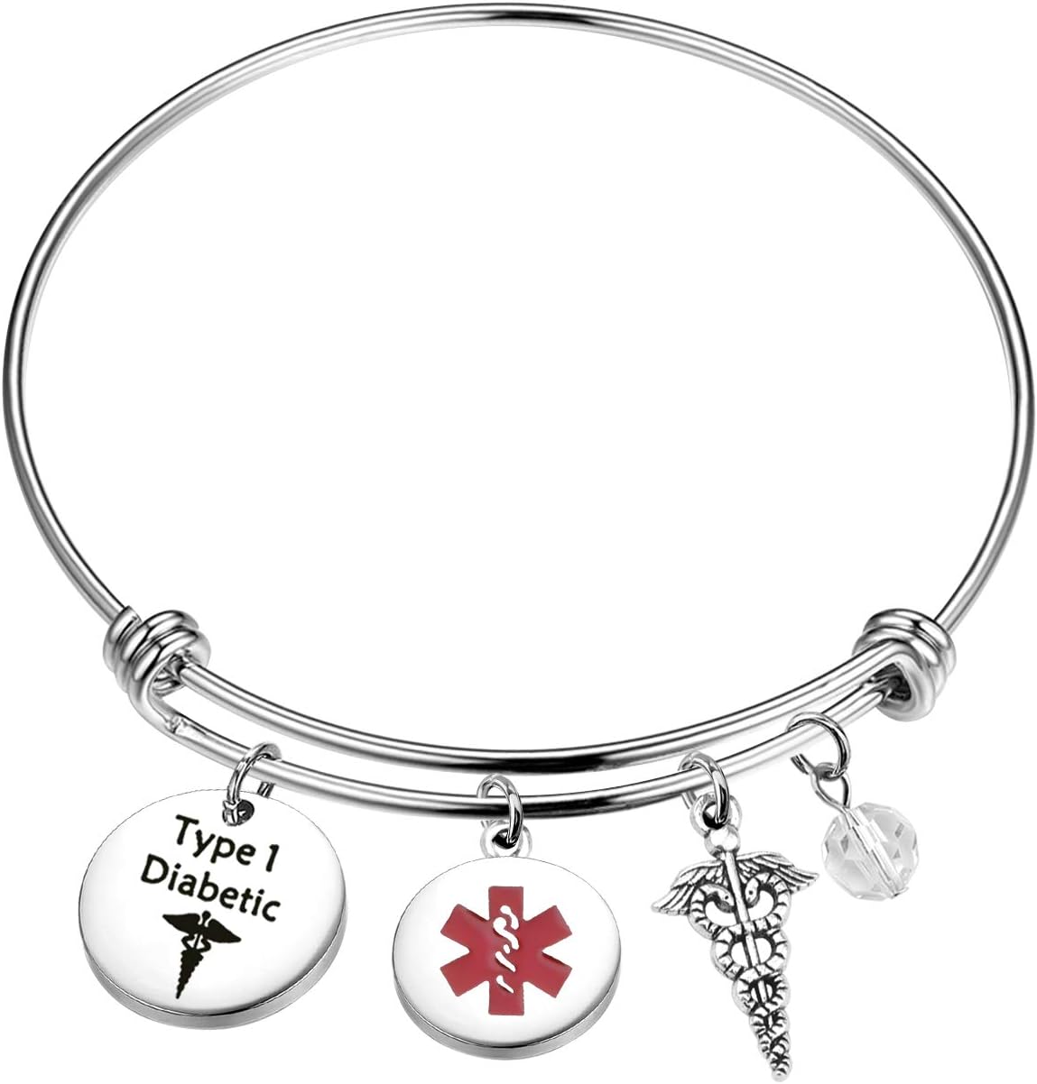 PLITI Medical Alert ID Awareness Bracelet for Women - Type 1 Diabetes Awareness Bangle with Medical Symbol Caduceus Charm