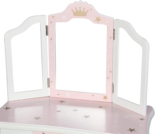 Miniatura 4 de Juego de tocador rosa para niños, juego de mesa y silla de maquillaje de madera para niñas pequeñas, tocador de princesa para niños, tocador con