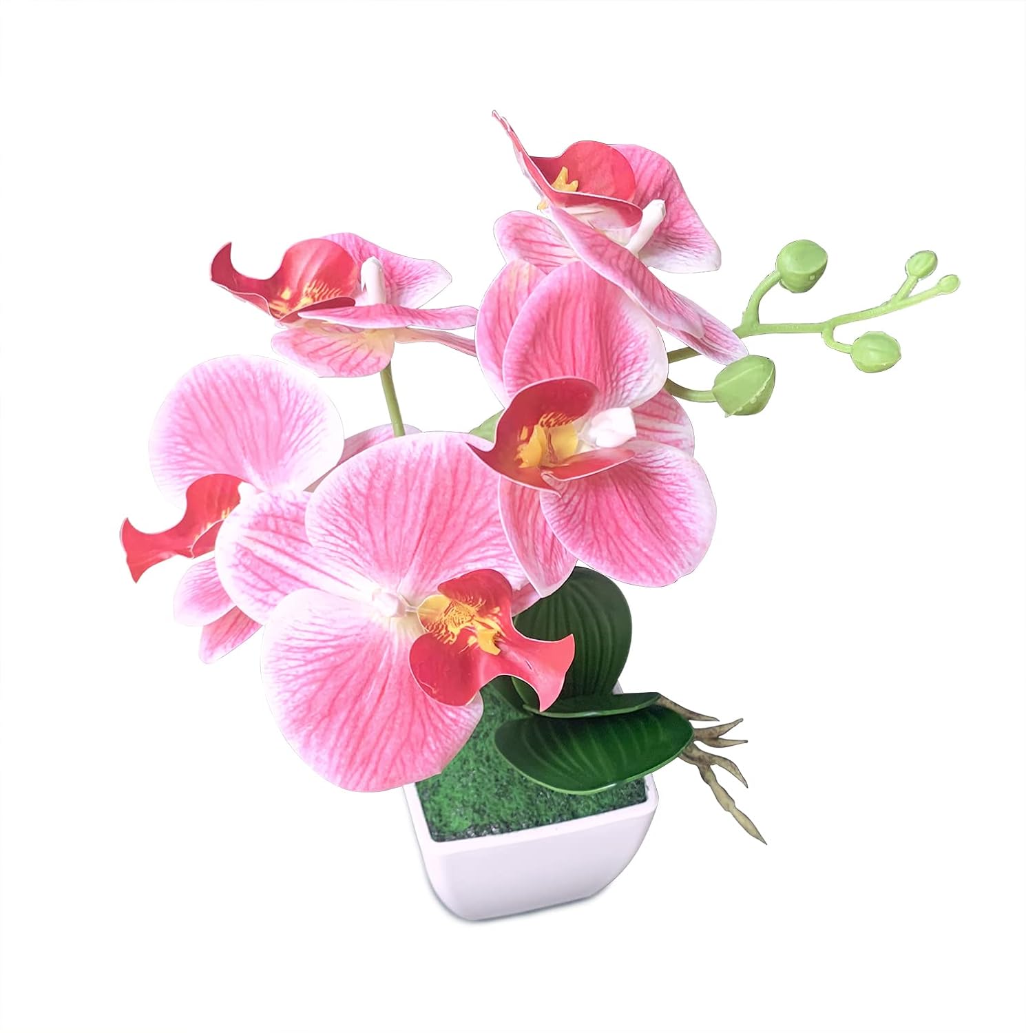 Artificial Orchid Flower Bonsai Fake Orchid Plants Arrangement with Vase Faux Phalaenopsis in Pot for Home Office Decor Table Centerpiece Decoration (Pink)