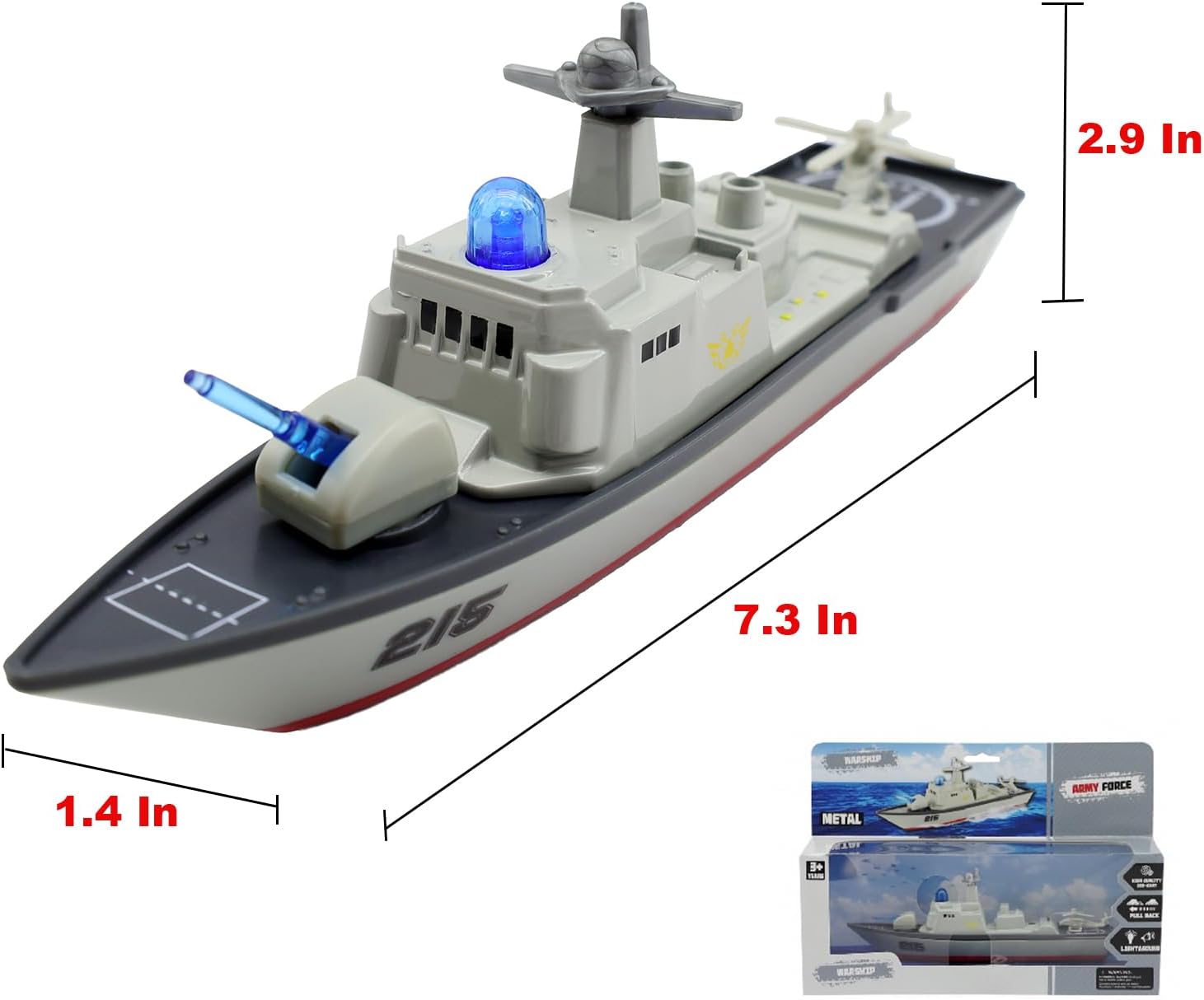 Diecast Warship Toy, Destroyer, Light and Sound, Pull-Back, Age 3+ | Navy Boat with Rotating Gun Turret, Rotating Propeller, for Kids Boys Toddlers