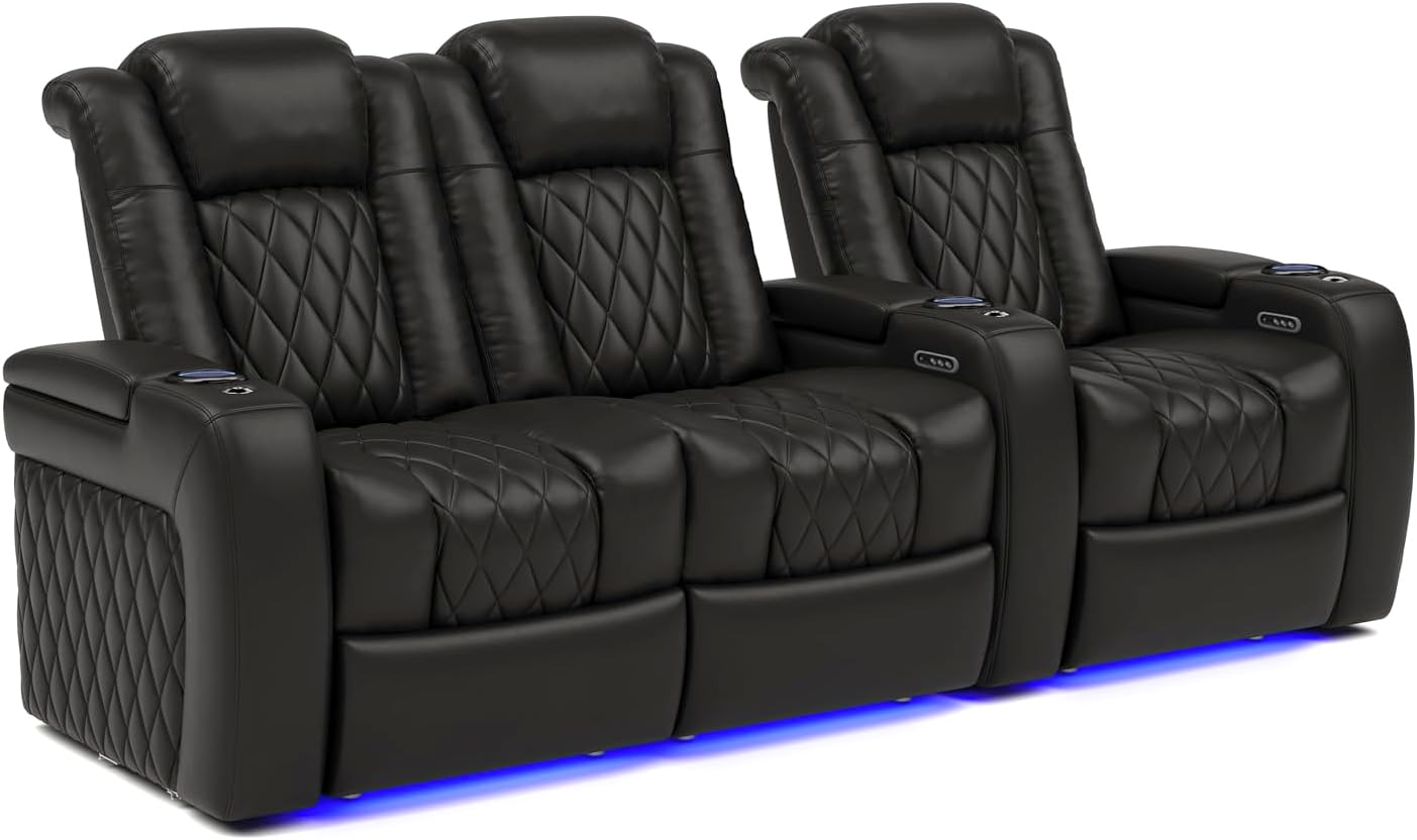 Valencia Tuscany Home Theater Seating | Premium Top Grain Italian Nappa 11000 Leather, Power Reclining, Power Lumbar Support, Power Headrest (Row of 3 Loveseat Left, Black)