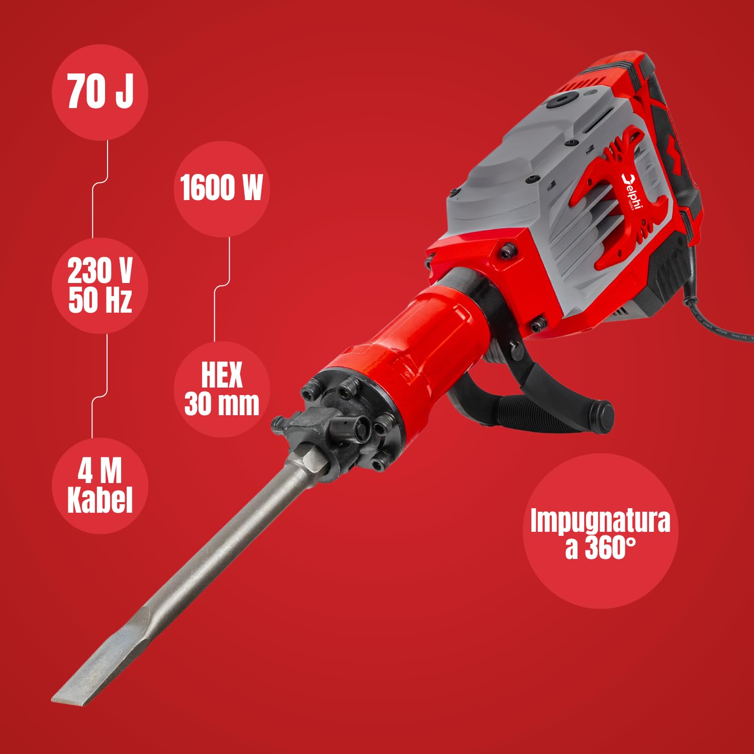 Delphi Martello Demolitore Professionale 70 J, 1950 RPM, 1600 W (Sistema Antivibrazione, HEX30, Valigetta con Ruote + Set Accessori) - Martello Demolitore con 2 Scalpelli e Impugnatura Regolabile