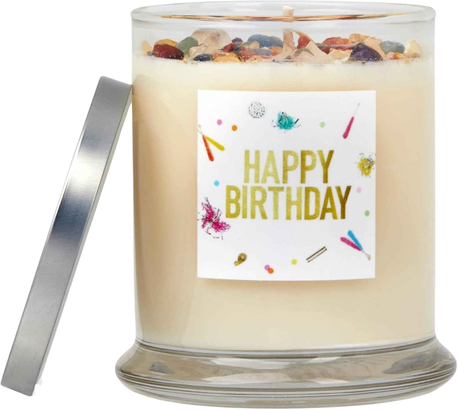Happy Birthday Candle by New Moon Beginnings - Intention & Manifestation - Birthday Wish Candle - Crystal & Herb Candles - Aromatherapy Candles - Soy Candle, 12 Ounce Round Glass