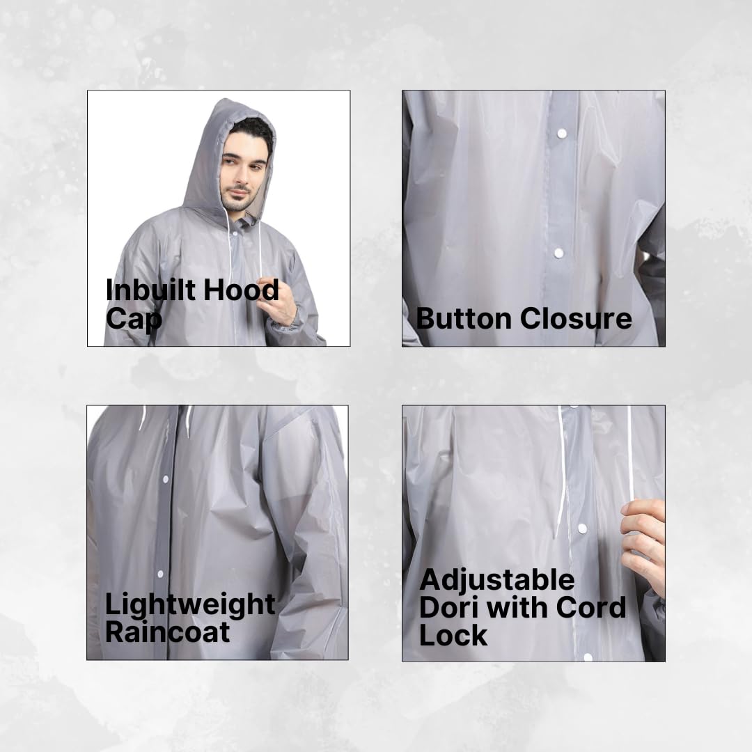 Citizen Eco-Friendly EVA Poncho Raincoat for Men & Women, Lightweight Waterproof Coat with Hood, Adjustable Drawstring, Button Closure Reusable & Durable Outdoor Rainwear-Grey 2