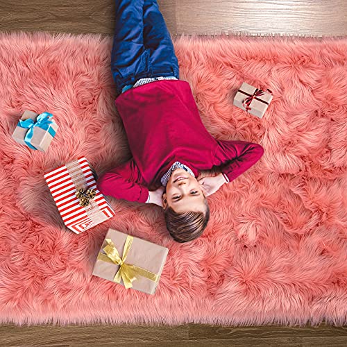 Maxsoft Fluffy Fur Rug For Bedroom, 3 X 5 Feet Coral Shaggy Faux Sheepskin Rugs For Girls Room Washable thumb #5