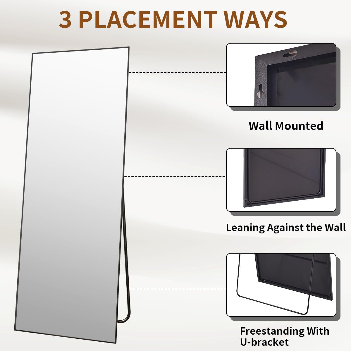 VooBang Mirror Full Length - 21" x 57" Floor Mirror with Stand, Aluminum Alloy Frame Full Body Mirror, Standing Hanging or Leaning Against Wall for Bedroom and Living Room, Black: Black 71"L x 26"W