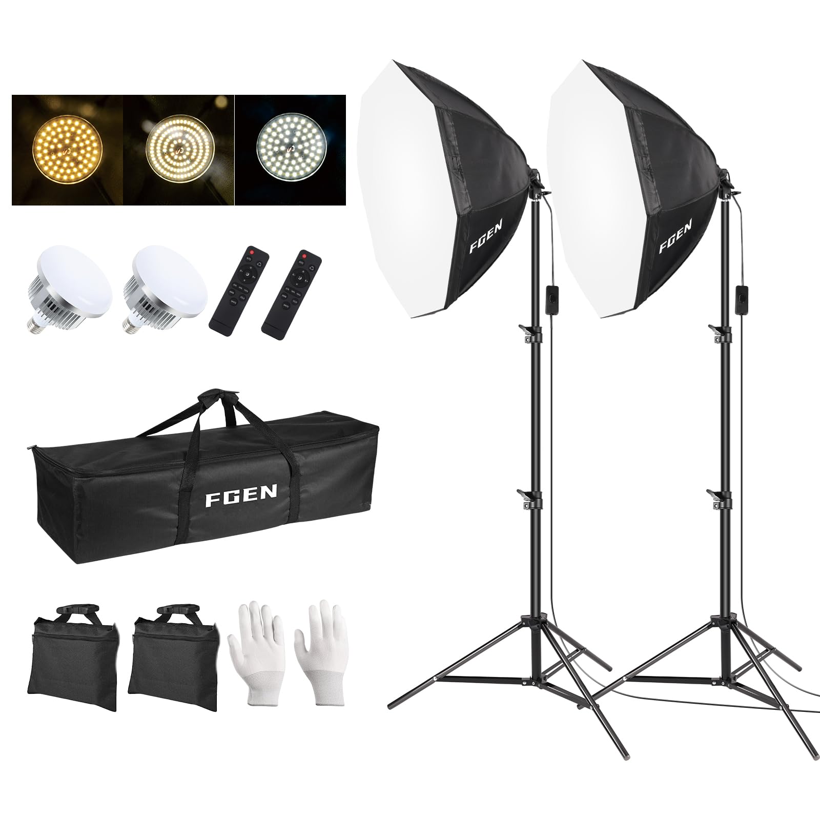 FGen Softbox Set Photo Studio, 70 cm Octogonal Softbox LED Photo Light avec 135 W 3000-6500 K, 2 m Trépied Entièrement Réglable Lumière de Photographie pour Youtube, Enregistrements