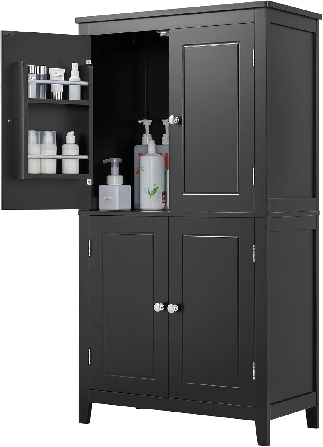Storage Cabinet with Doors and Shelf Rack, Freestanding Bathroom Floor Unit Organizer for Home Kitchen, Flexible Installation, Black