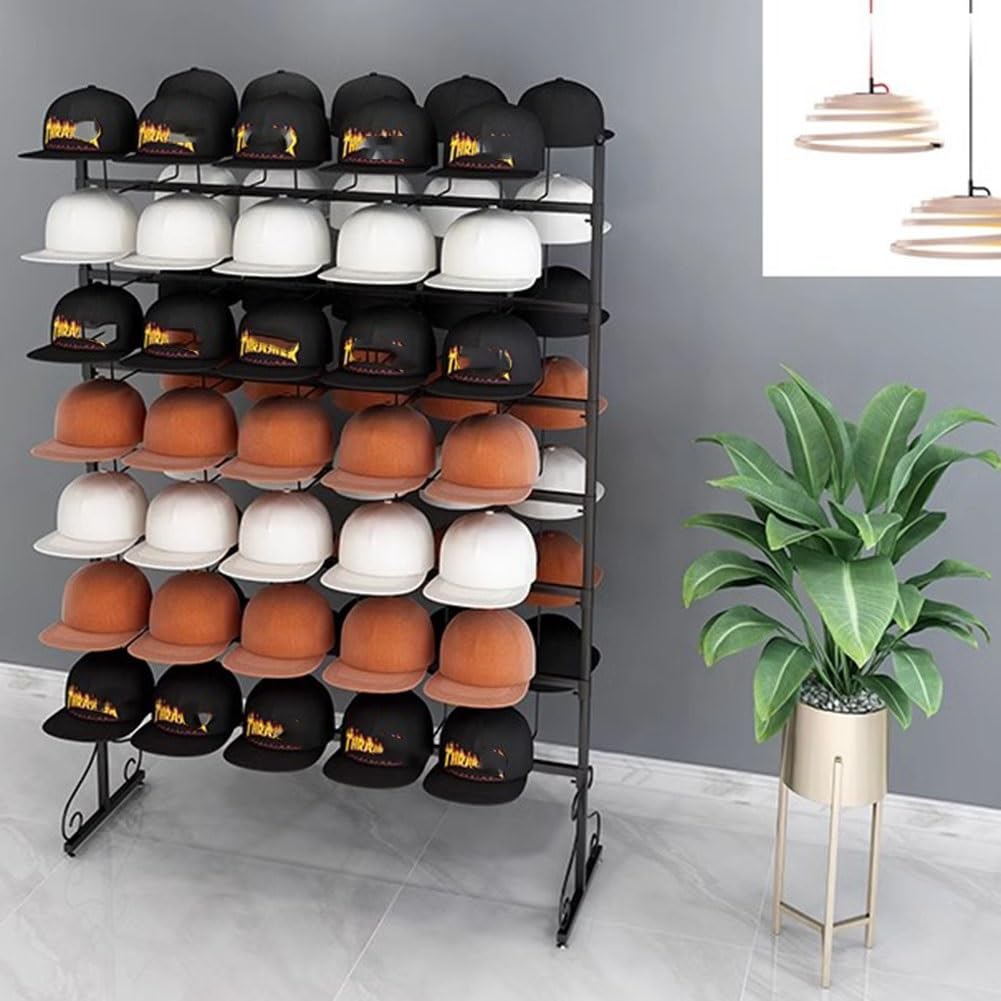 OLSKFUH Freestanding Hat Rack Stand With Storage Hangers For 60 Hats Commercial Retail Display Rack For Helmets Wigs And More,Black-60 hats