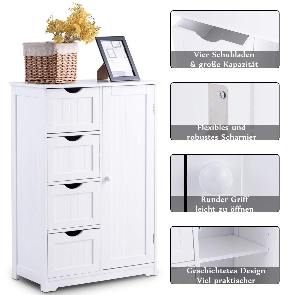 RELAX4LIFE Badezimmerschrank, Beistellschrank, Kommode mit 4 Schubladen, Lagerschrank Holz, Sideboard mit verstellbare Ablagen, Mehrzweckschrank für Bad & Zimmer & Flur, weiß