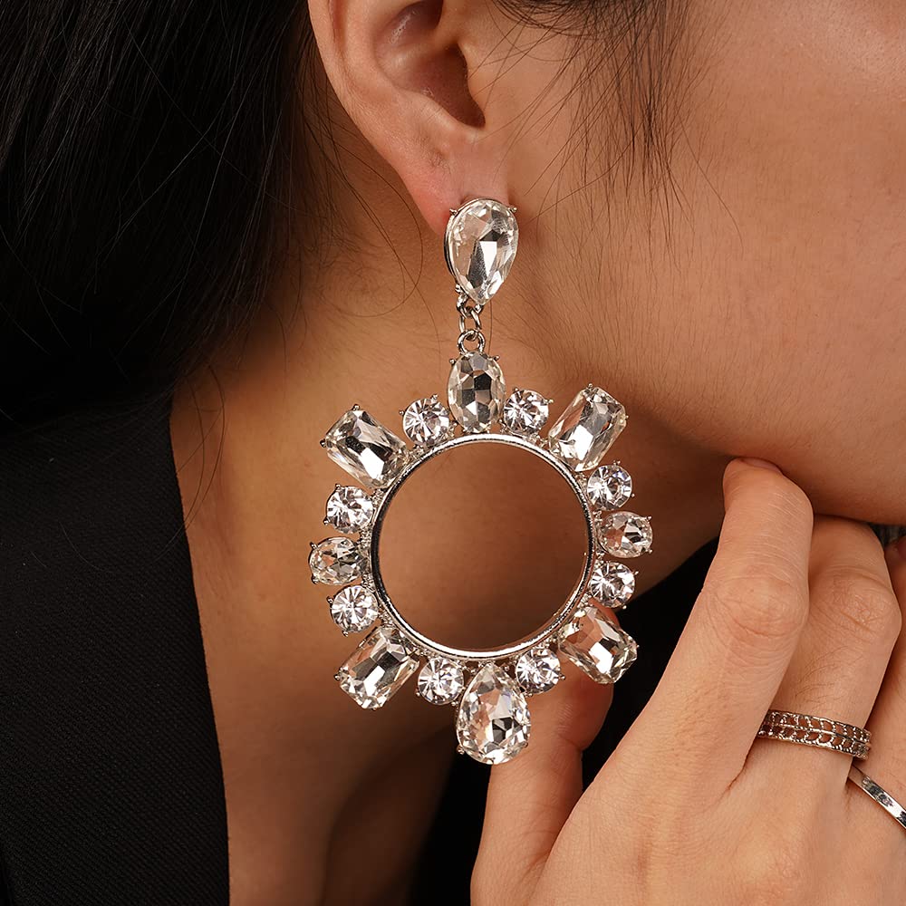 YERTTER Elegant Oversized Earrings Big Circle Hoop Silver Dangle Drop Full Rhinestone Crystal Earrings Iced Out Women Fashion Sparke Shining Earrings Statement Hoop Ear Accessories for Wedding Party
