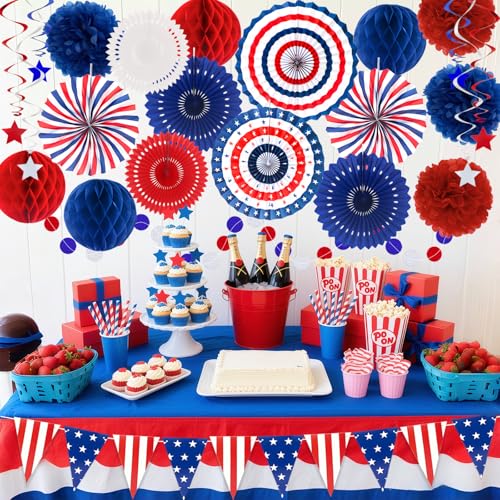 Image of 24 Pcs Patriotic 4th of July Decorations Kit, Paper Fans Pom Poms 8-16 in | Red white blue fans, pom poms, honeycomb balls, USA flag banner, swirls for 4th of July, Memorial Day, Independence Day decor
