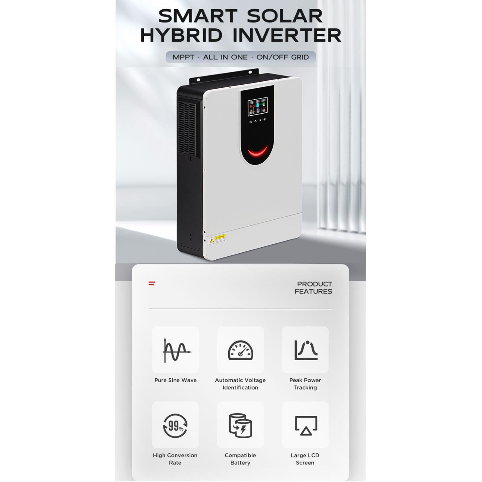 Inverter per accumulo Domestico a Onda positiva Pura, Inverter fotovoltaico Solare e regolatore con Pulsante di Feedback a Grande Schermo a LED,10.2KW