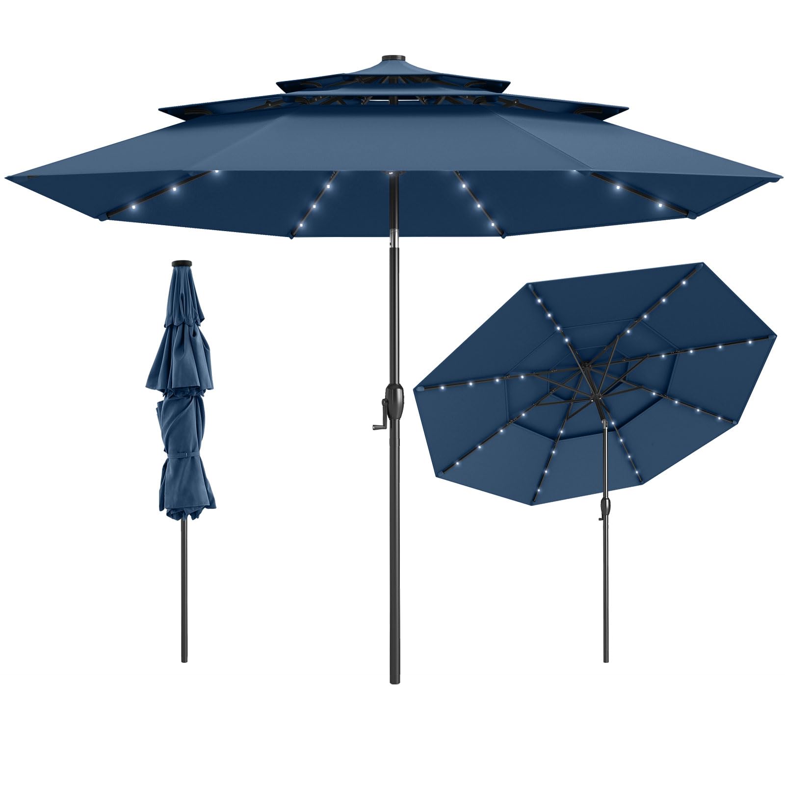 COSTWAY Parasol przeciwsłoneczny z oświetleniem solarnym LED, 300 cm, odporny na wiatr, stabilny, parasol tarasowy z korbą, obustronnie zginany o 35°, parasol balkonowy, do ogrodu, na balkon