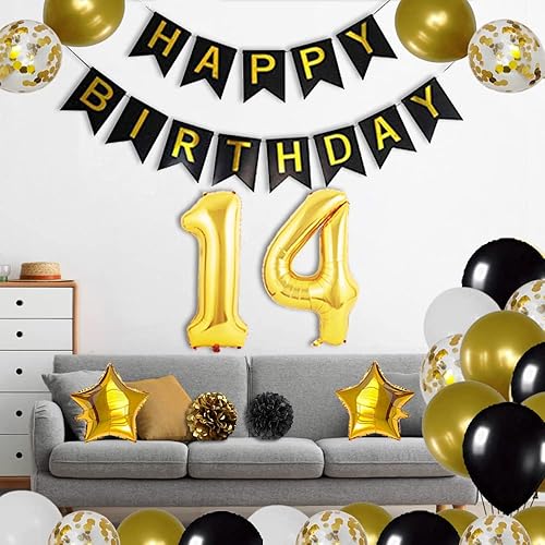 Miniatura 7 de Globos de decoración de cumpleaños número 14, pancarta de feliz cumpleaños, pompón, flores, globo de Mylar dorado, globos de látex, número 14,