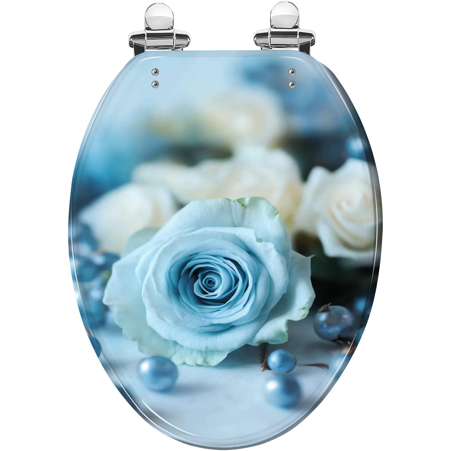 Elongated Toilet Seat blue roses shells pearl Resin Toilet Seat Slow Quiet Close with Quick-Release Hinges Toilet Seat with Cover Easy to Clean Install