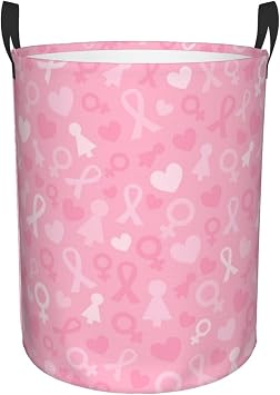 Laundry Basket,Pink Ribbon, Heart and Feminine Sign Bathroom Organizer Basket Waterproof Foldable Cloth Hamper with Lining for Home Storage