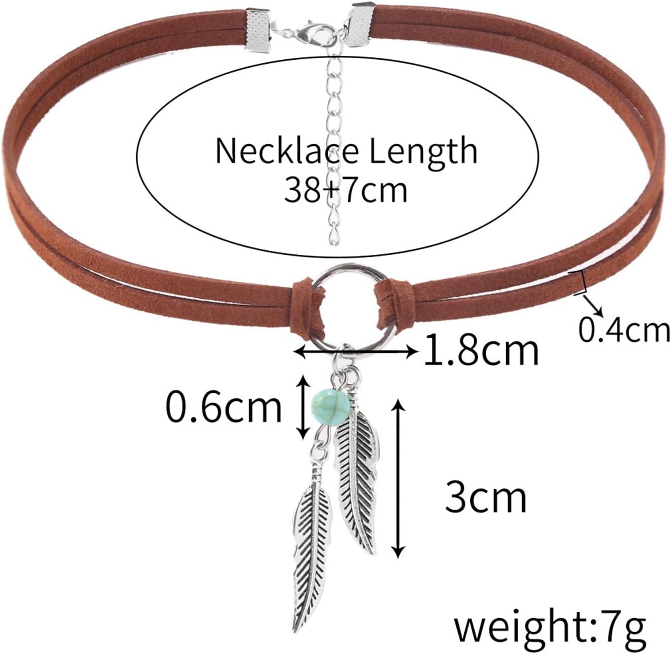 Boho Feather Turquoise Leather Choker Necklace for Women Bohemian Handmade Leaf Layered Black Brown Suede Cowgirl Cowboy Necklace for Western Style Country Party Trendy Jewelry Gifts (Brown) - Image 6