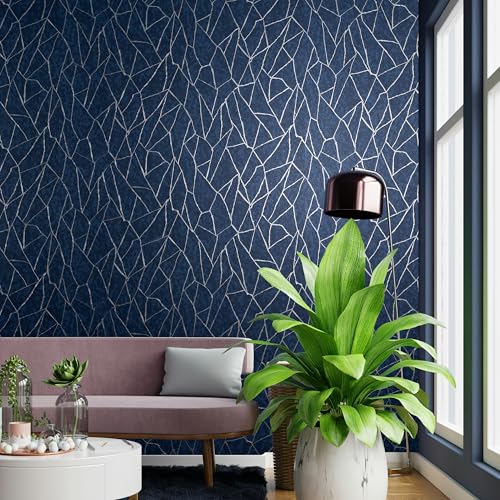 Image of wolpin Non-Woven Wallpaper Non-Adhesive (53 x 950 CM) (Navy Blue) | Textured Geometric Abstract Wallpaper with Subtle Shine | Decorative Wall Covering for Home Interior (54.18 Sq Ft)