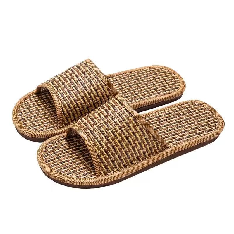 Bamboo Slippers Sandals For Women, Japanese Tatami Straw Sandals with Non-Slip Sole, Woven Rattan Slides for Beach Indoor and House Use, Comfortable Wooden Zori Style Sandals for All-Day Walking, Boho Summer Travel Flip Flops